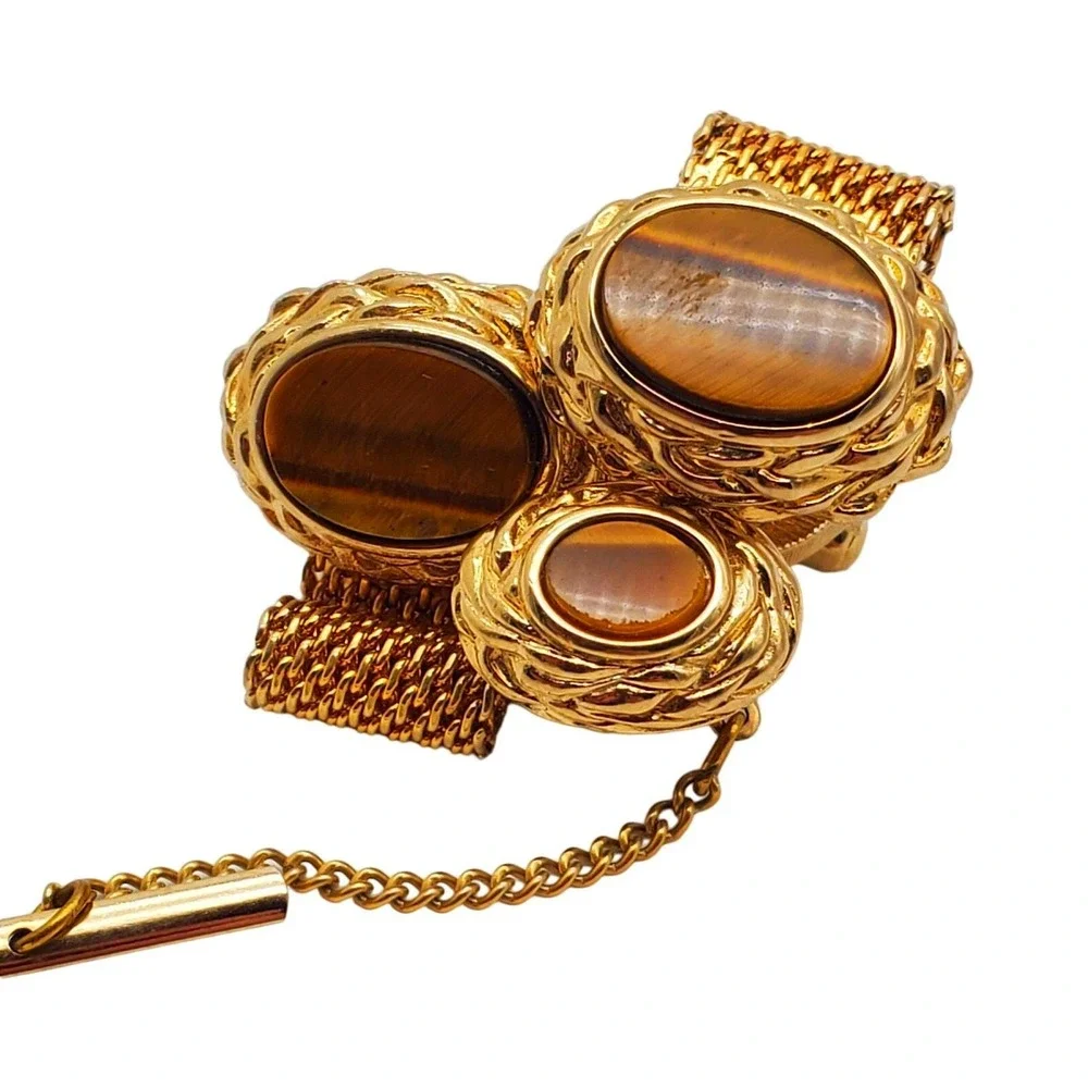 Tigers Eye Cufflinks Tie Tack Pin Gold Mesh Wrap Around Band Brown Stone Vintage